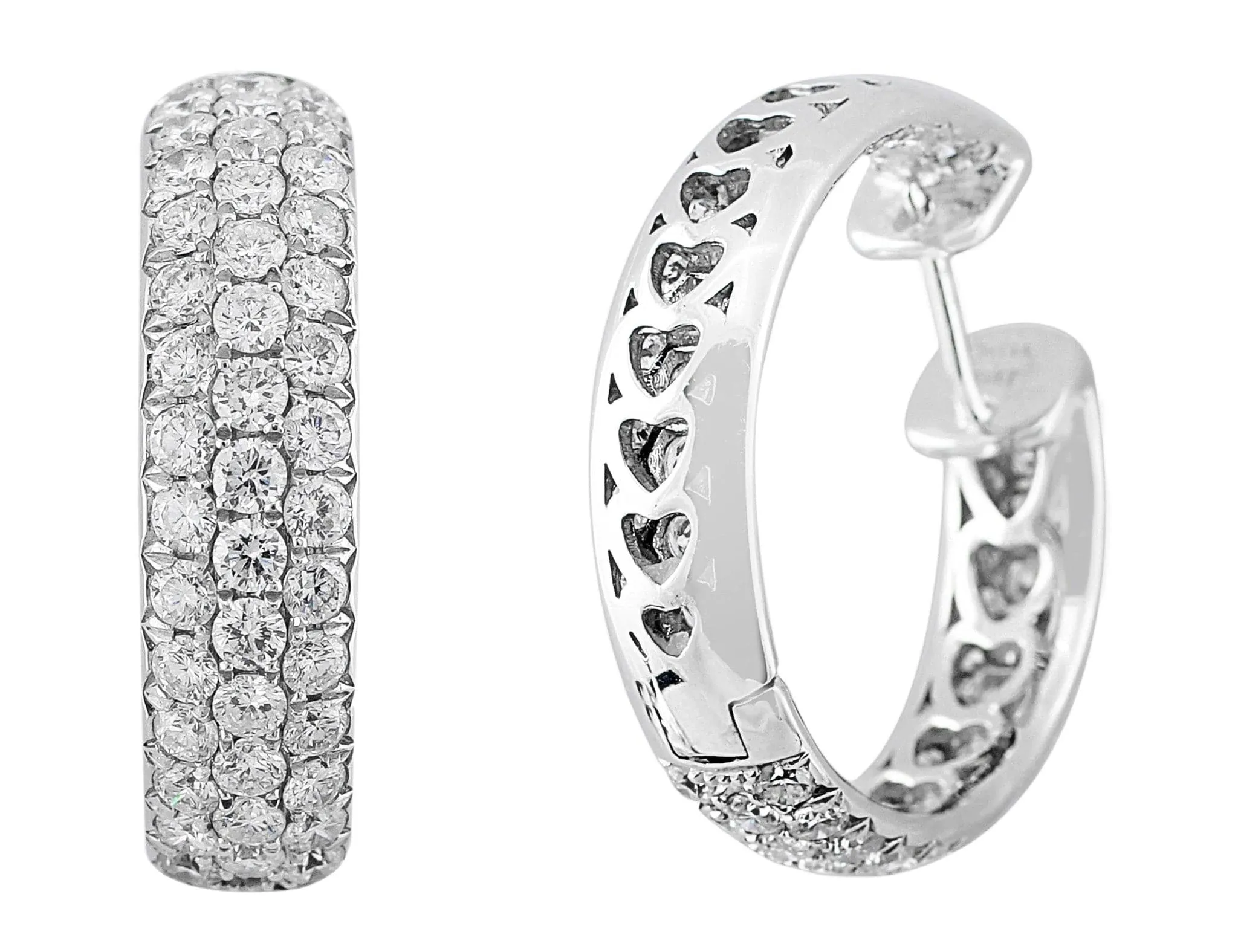 18k White Gold Pave Diamond Hoop Earrings with Hearts