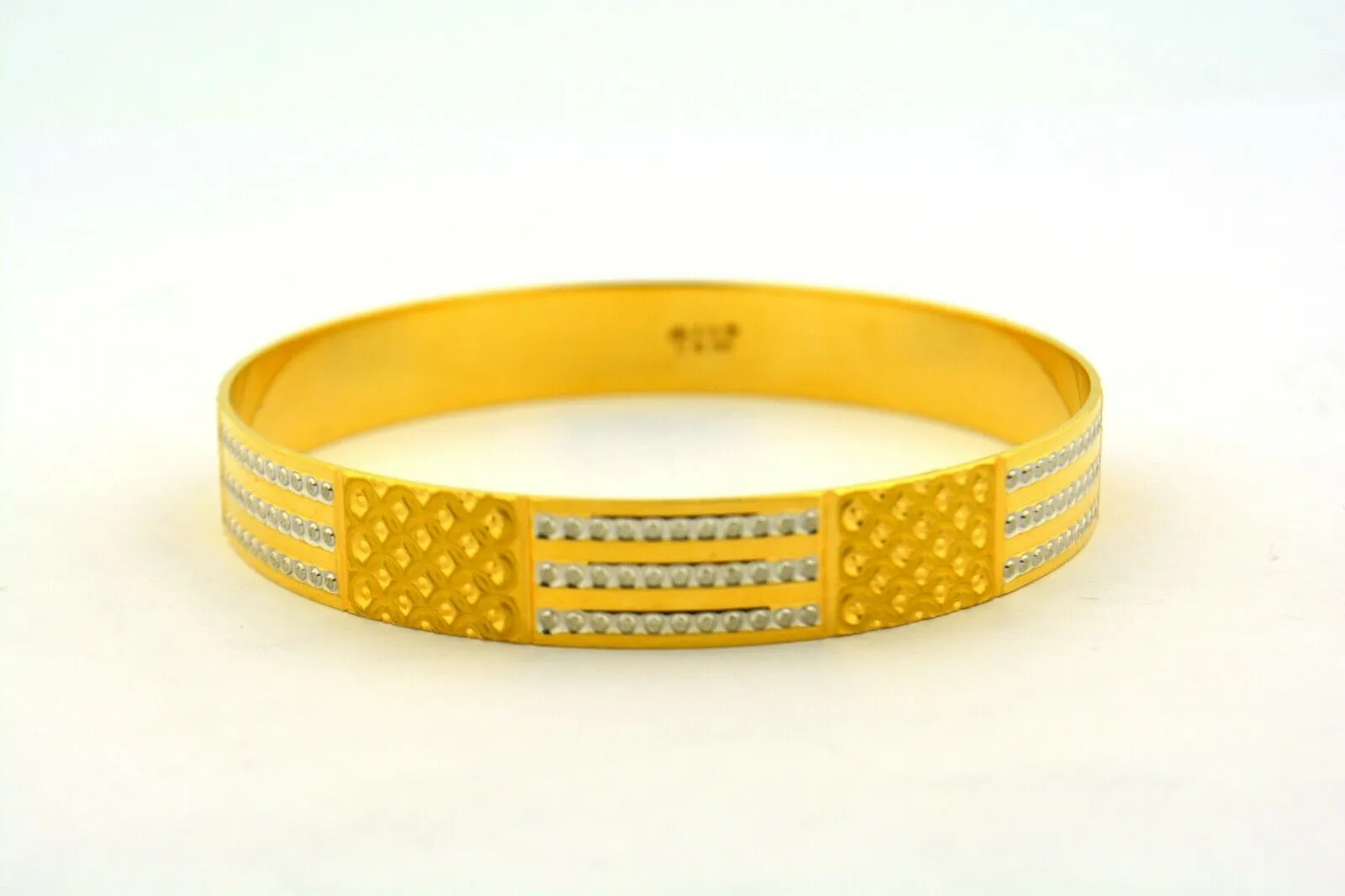 22K Two-Tone Patterned Bangle Bracelet Diamond-Like Cut 10MM Wide 28.6g