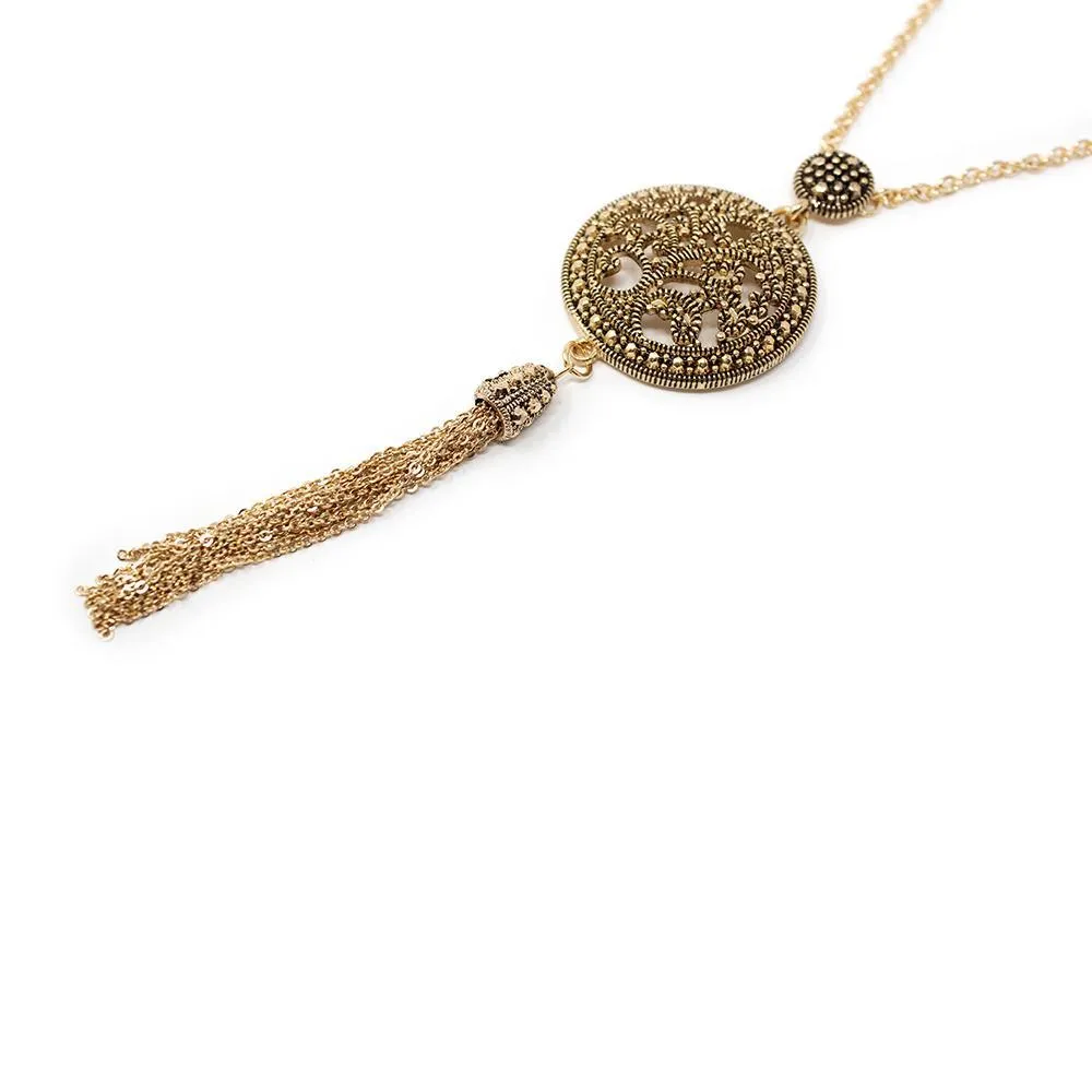 27 Inch Necklace Medallion Tassel Gold Tone