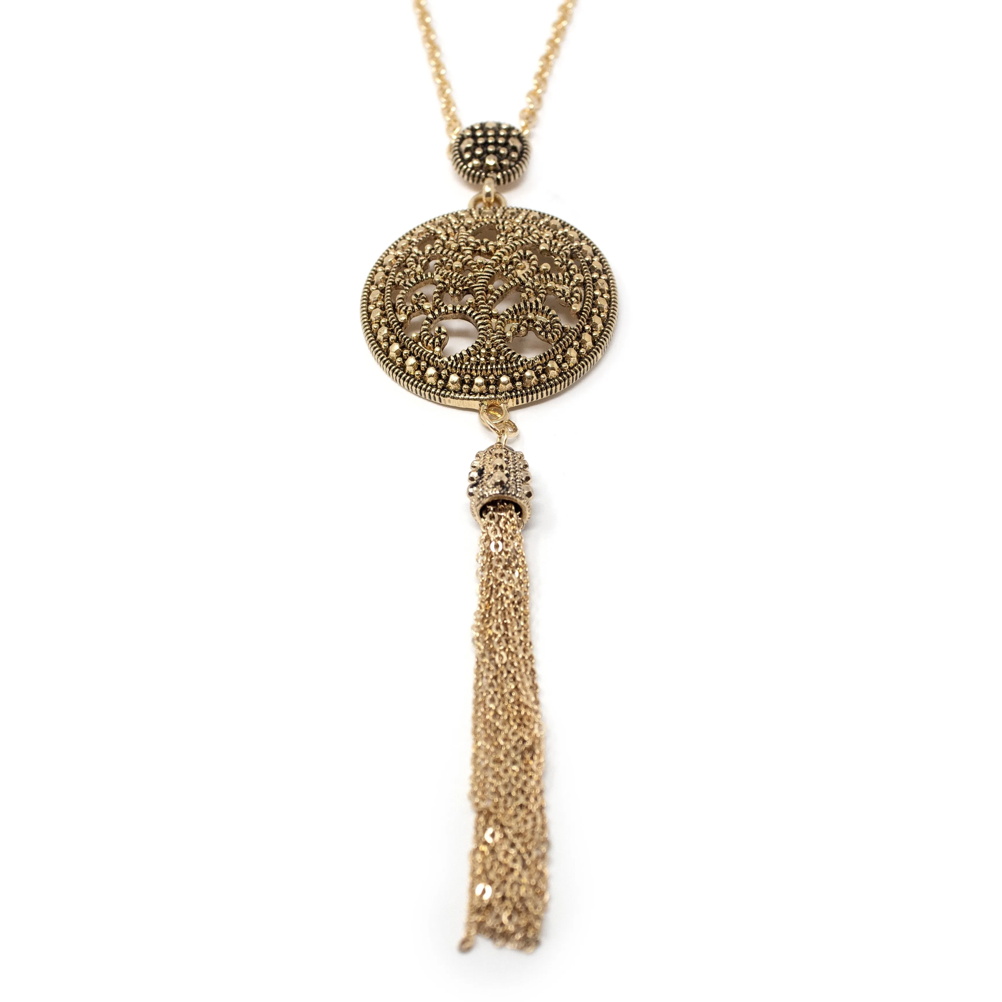 27 Inch Necklace Medallion Tassel Gold Tone