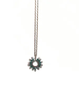 Abstract Round Sun Necklace with Green Crystals