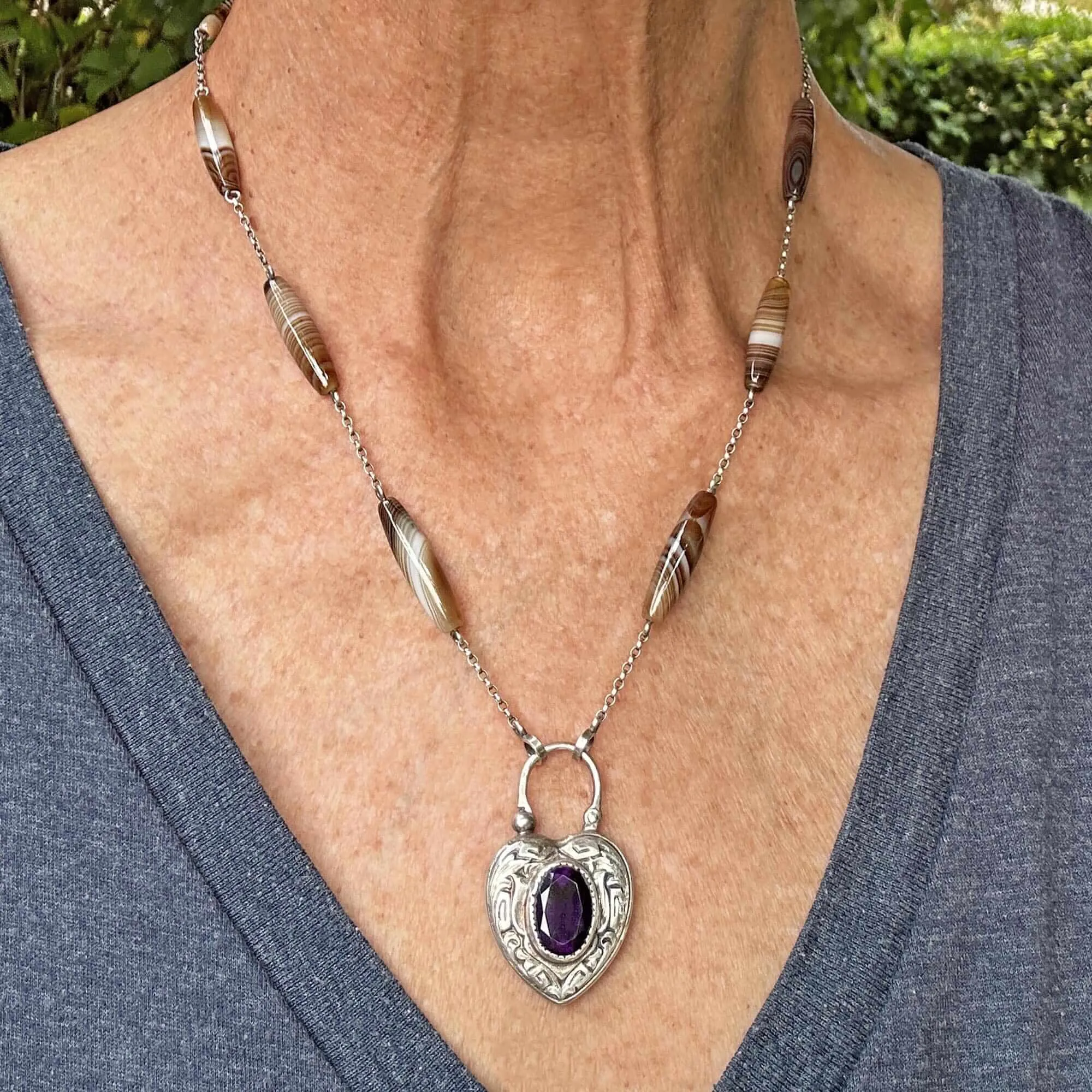 Antique Amethyst Heart Padlock Banded Agate Necklace