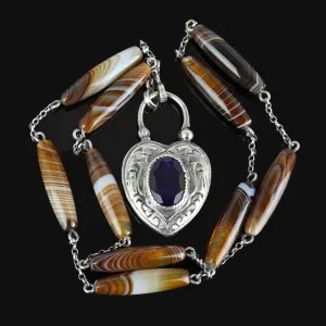 Antique Amethyst Heart Padlock Banded Agate Necklace