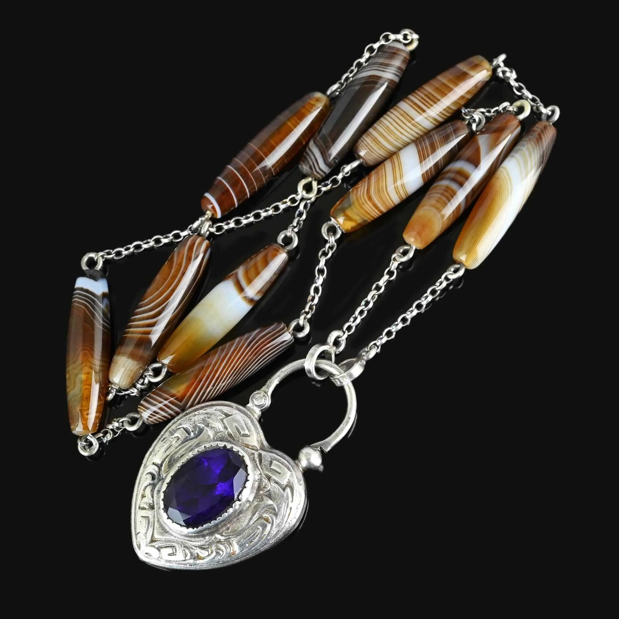 Antique Amethyst Heart Padlock Banded Agate Necklace