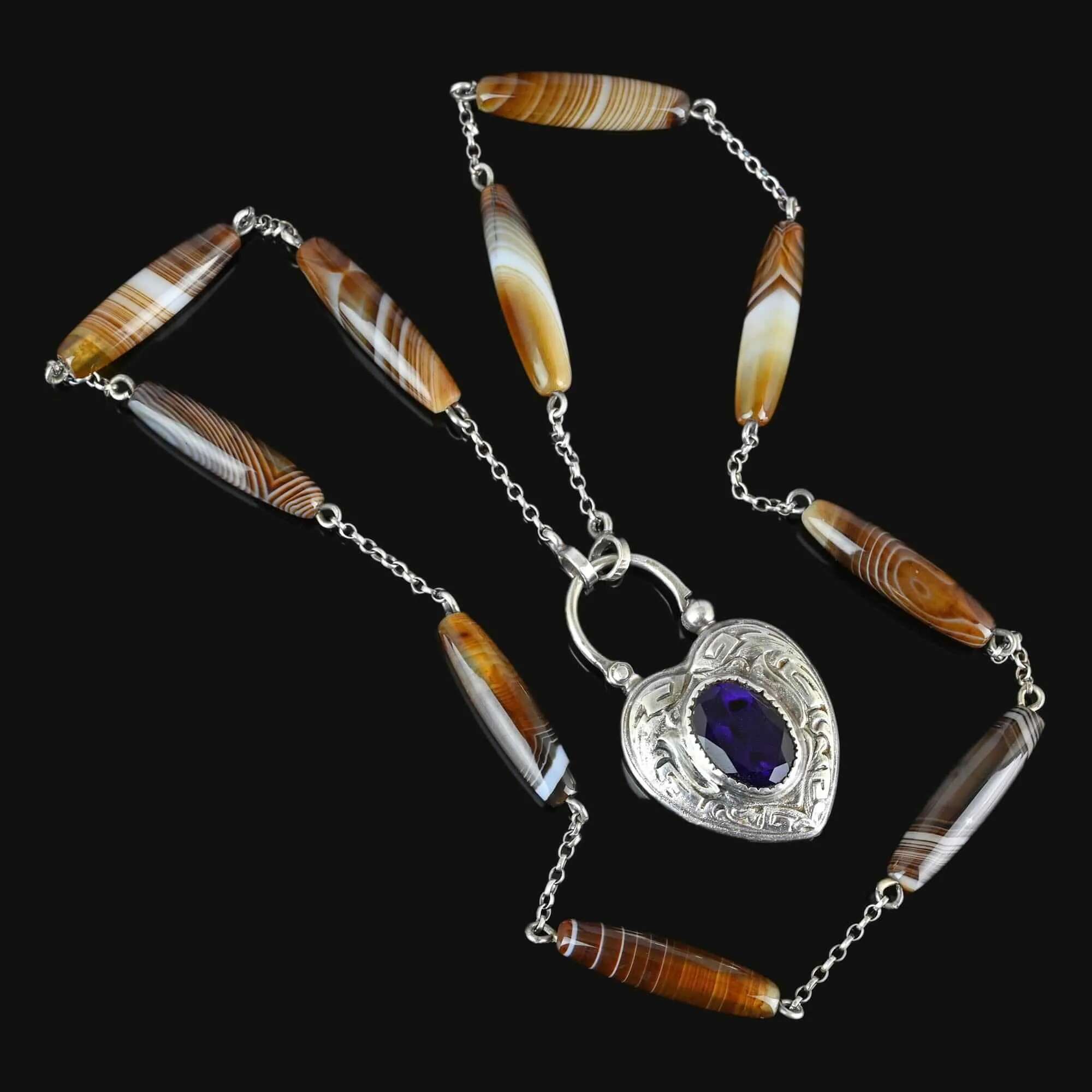 Antique Amethyst Heart Padlock Banded Agate Necklace