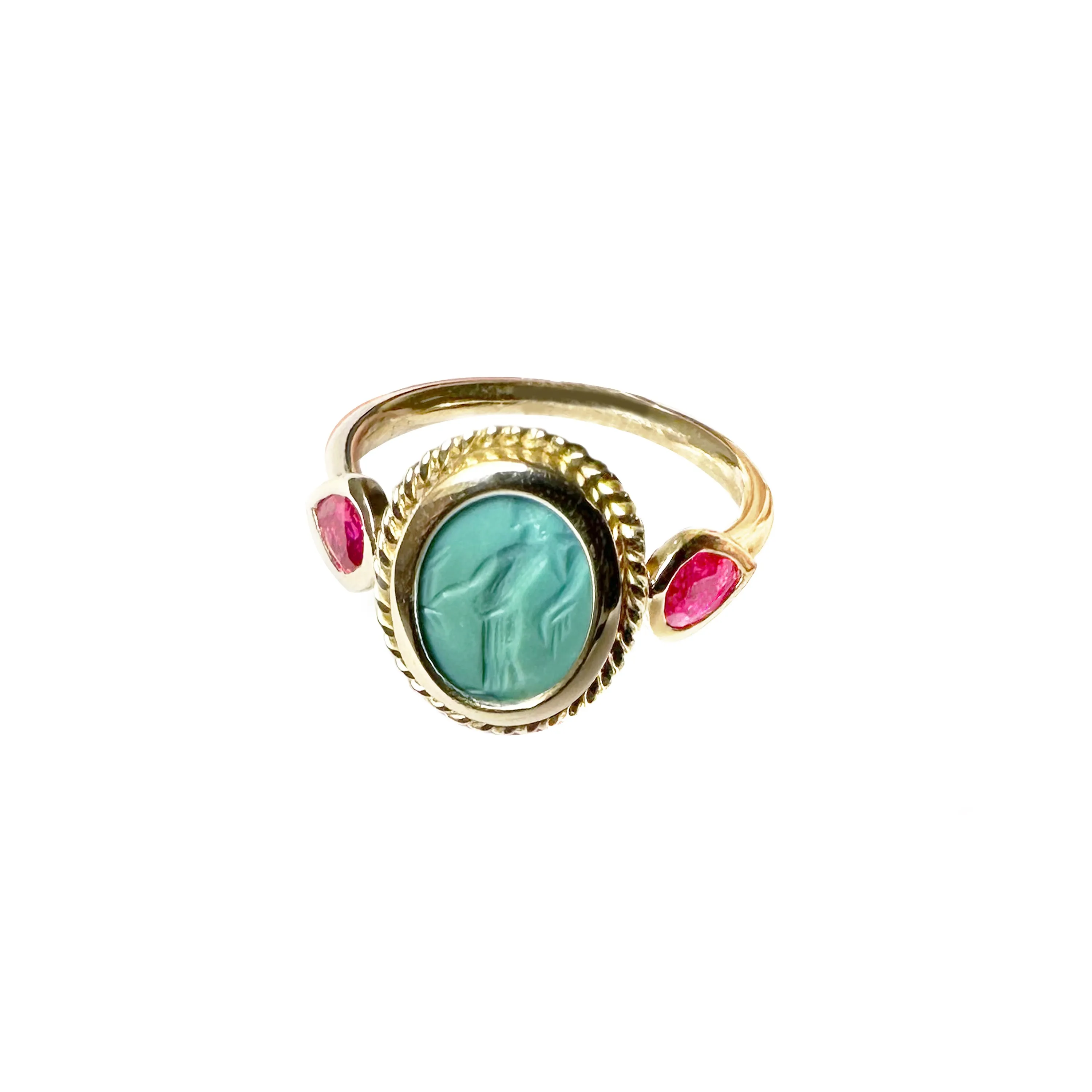 Authentic Ancient Roman Turquoise Intaglio 1st Cent. AD and two rubies 18 Kt Gold Ring depicting Goddess Fortuna