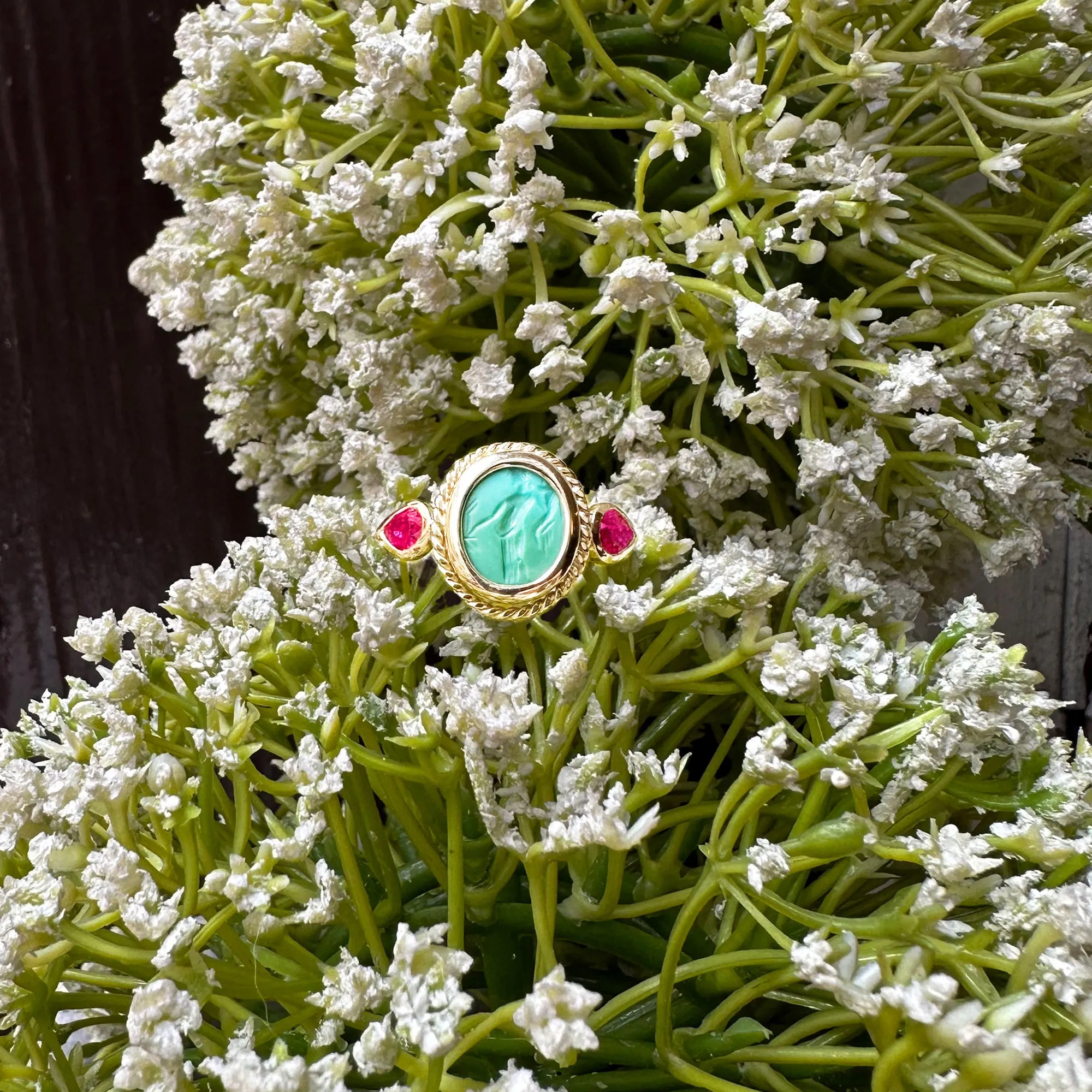 Authentic Ancient Roman Turquoise Intaglio 1st Cent. AD and two rubies 18 Kt Gold Ring depicting Goddess Fortuna