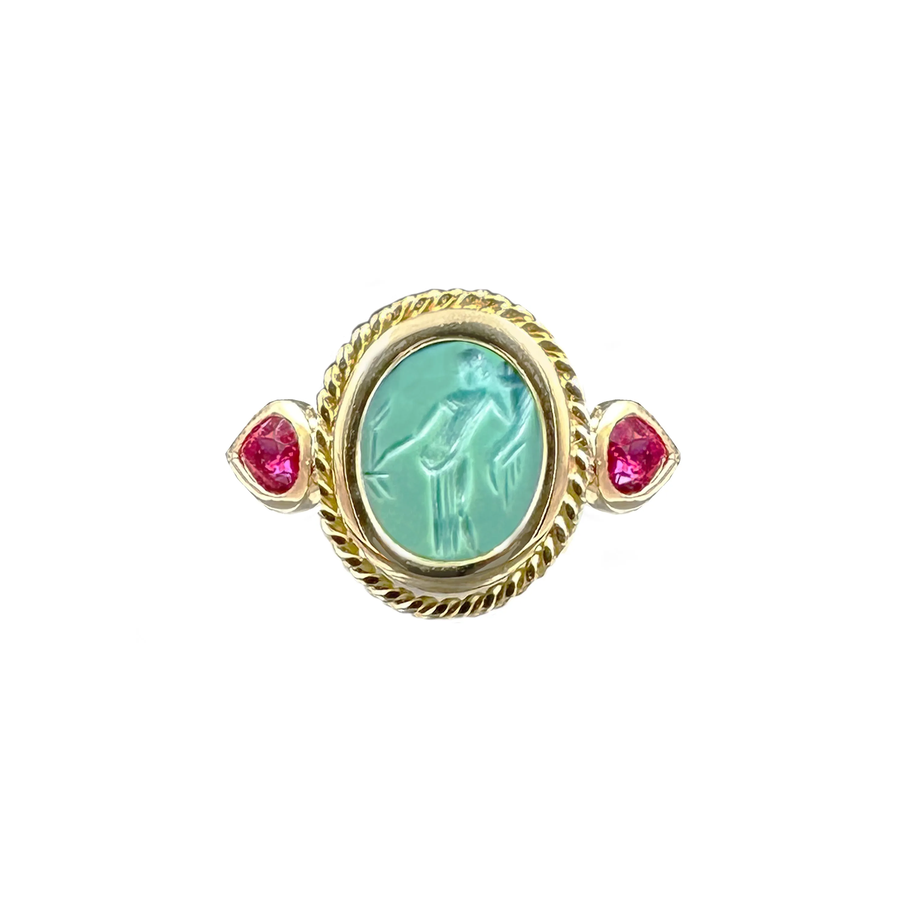 Authentic Ancient Roman Turquoise Intaglio 1st Cent. AD and two rubies 18 Kt Gold Ring depicting Goddess Fortuna