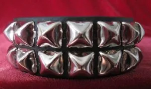 Black Leather Bracelet w/ 2 Rows of Silver Pyramid Studs