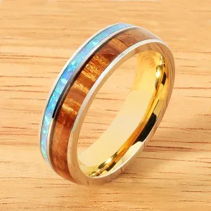 Cobalt Two-Tone Yellow Gold Plated Curly Koa Wood and Opal Oval Wedding Ring 6mm