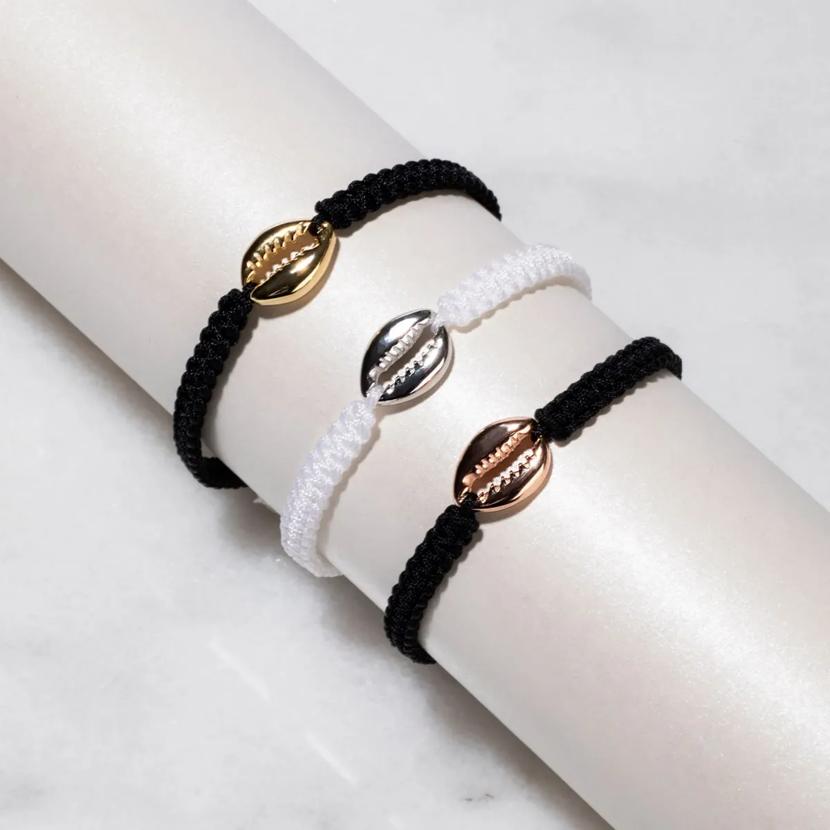 Cowrie Shell Black Macrame Bracelet | .925 Sterling Silver