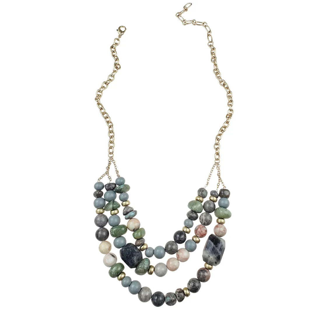 Milou -Layered green & grey gemstone necklace on gold chain