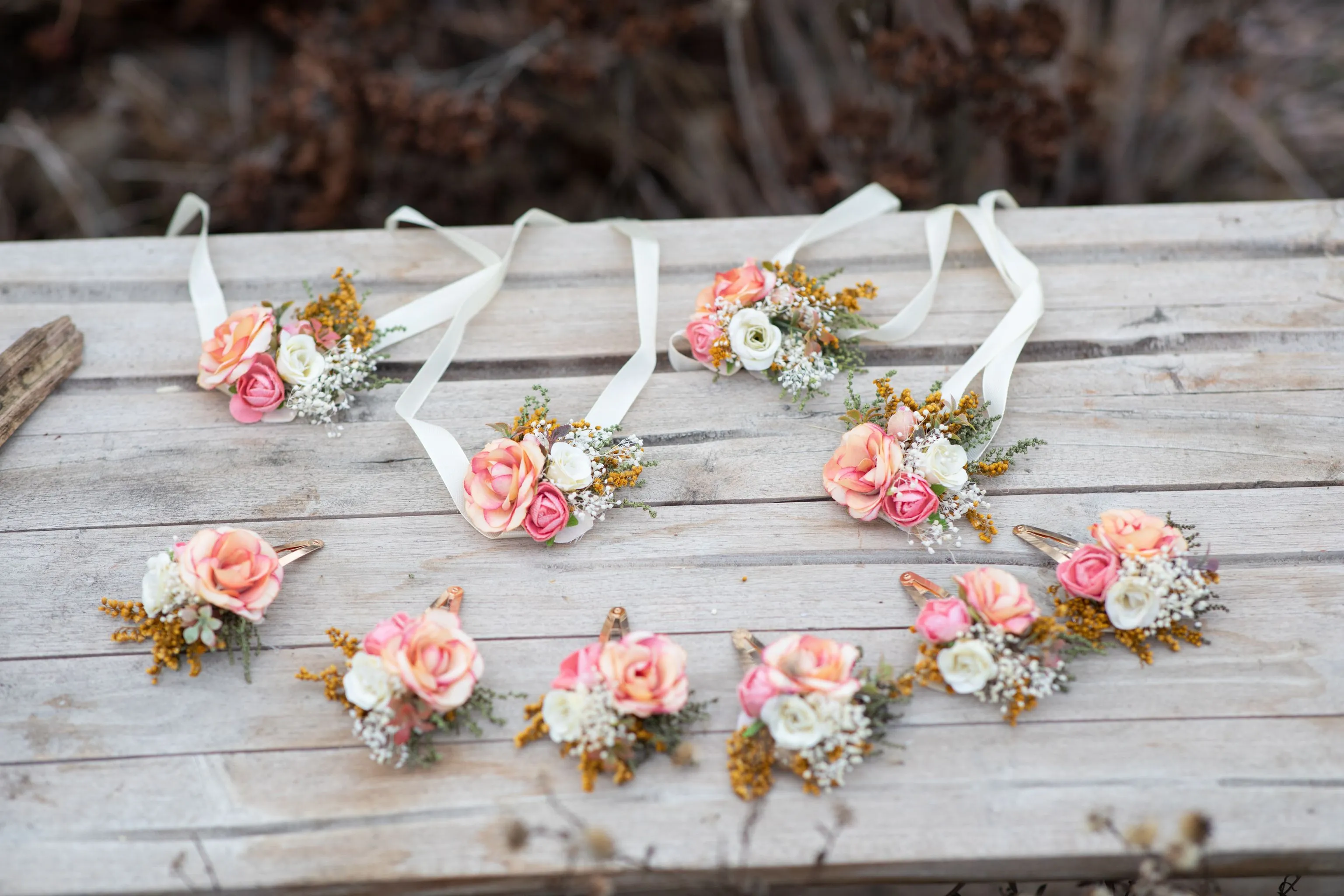 Peach flower bracelets Bridesmaid bracelets Coral wedding wrist corsage Magaela Pastel bracelet for bride Jewellery Wedding flower bracelet