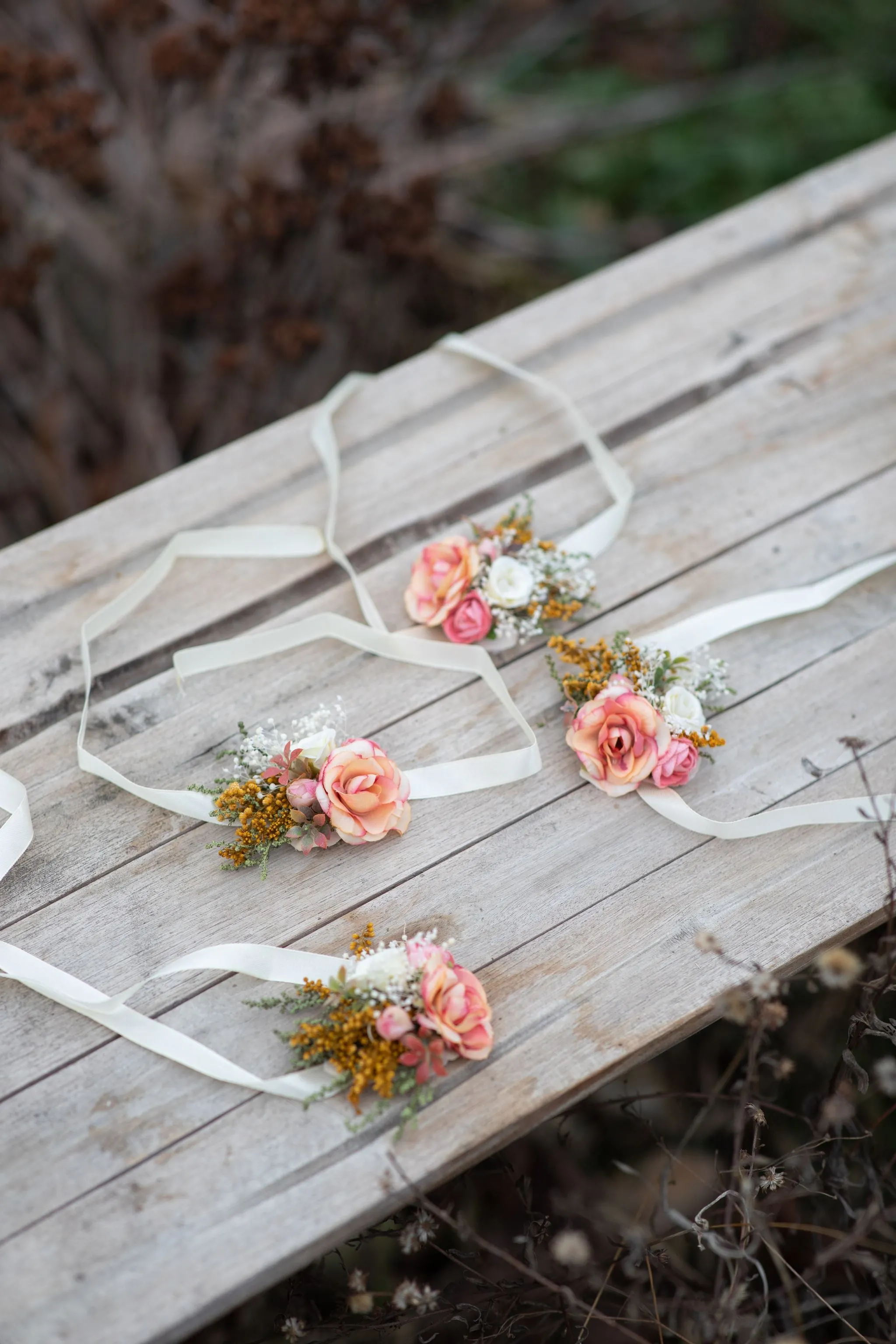 Peach flower bracelets Bridesmaid bracelets Coral wedding wrist corsage Magaela Pastel bracelet for bride Jewellery Wedding flower bracelet