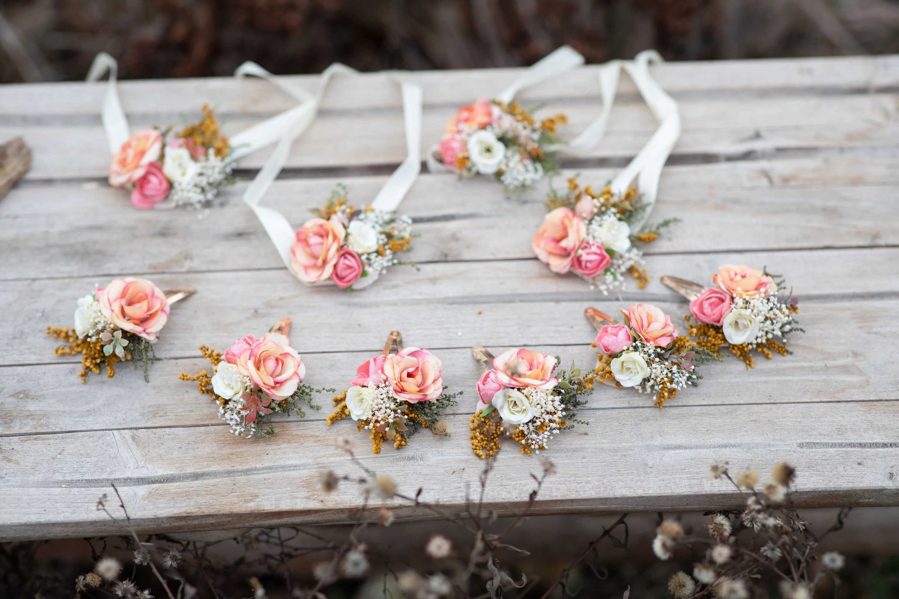 Peach flower bracelets Bridesmaid bracelets Coral wedding wrist corsage Magaela Pastel bracelet for bride Jewellery Wedding flower bracelet