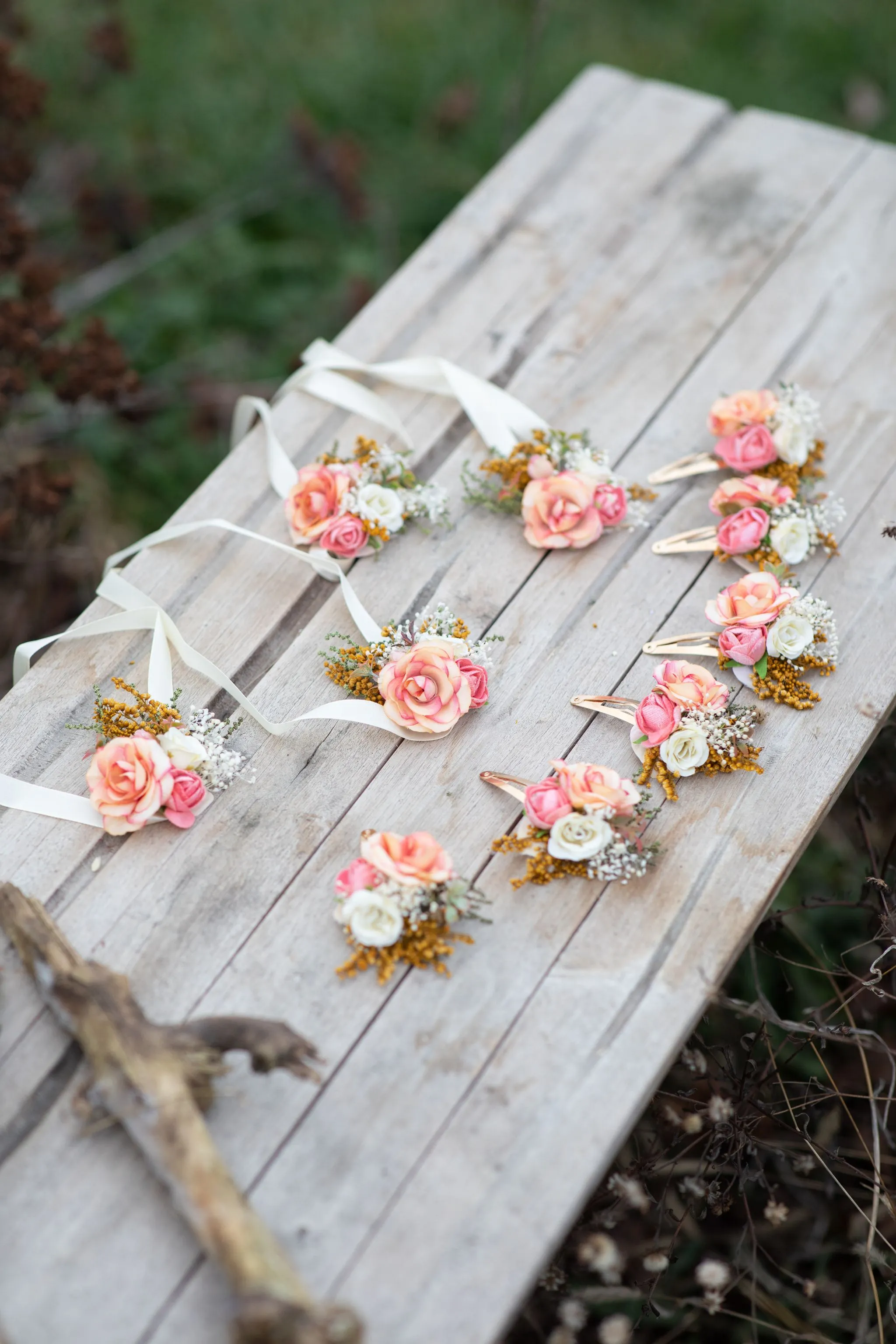 Peach flower bracelets Bridesmaid bracelets Coral wedding wrist corsage Magaela Pastel bracelet for bride Jewellery Wedding flower bracelet