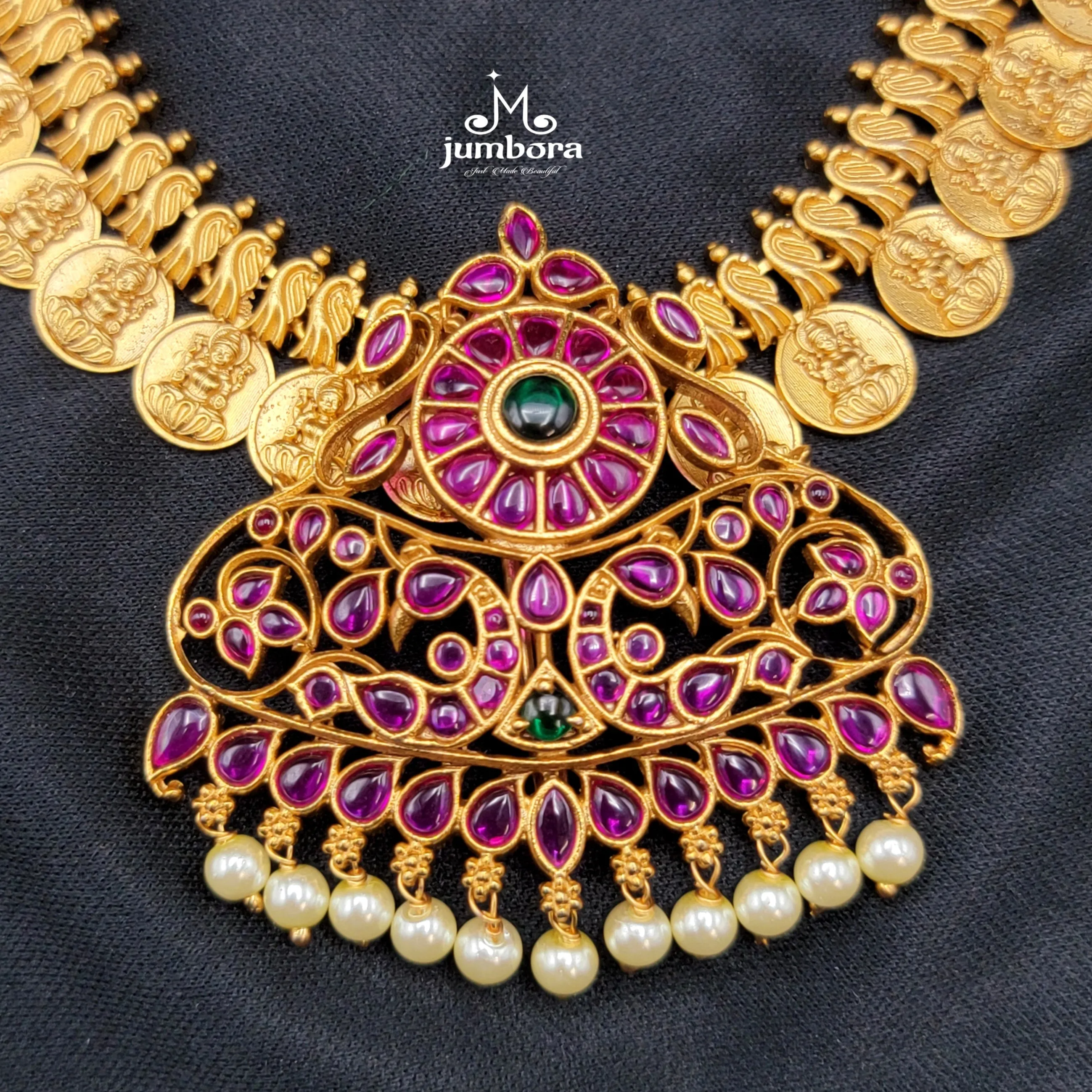 Peacock Matte Gold Coin Lakshmi Kemp Necklace Temple Jewelry Set