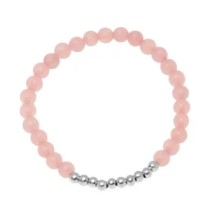 Rose Quartz & Polished Silver Bead Stretch Bracelet in Sterling Silver