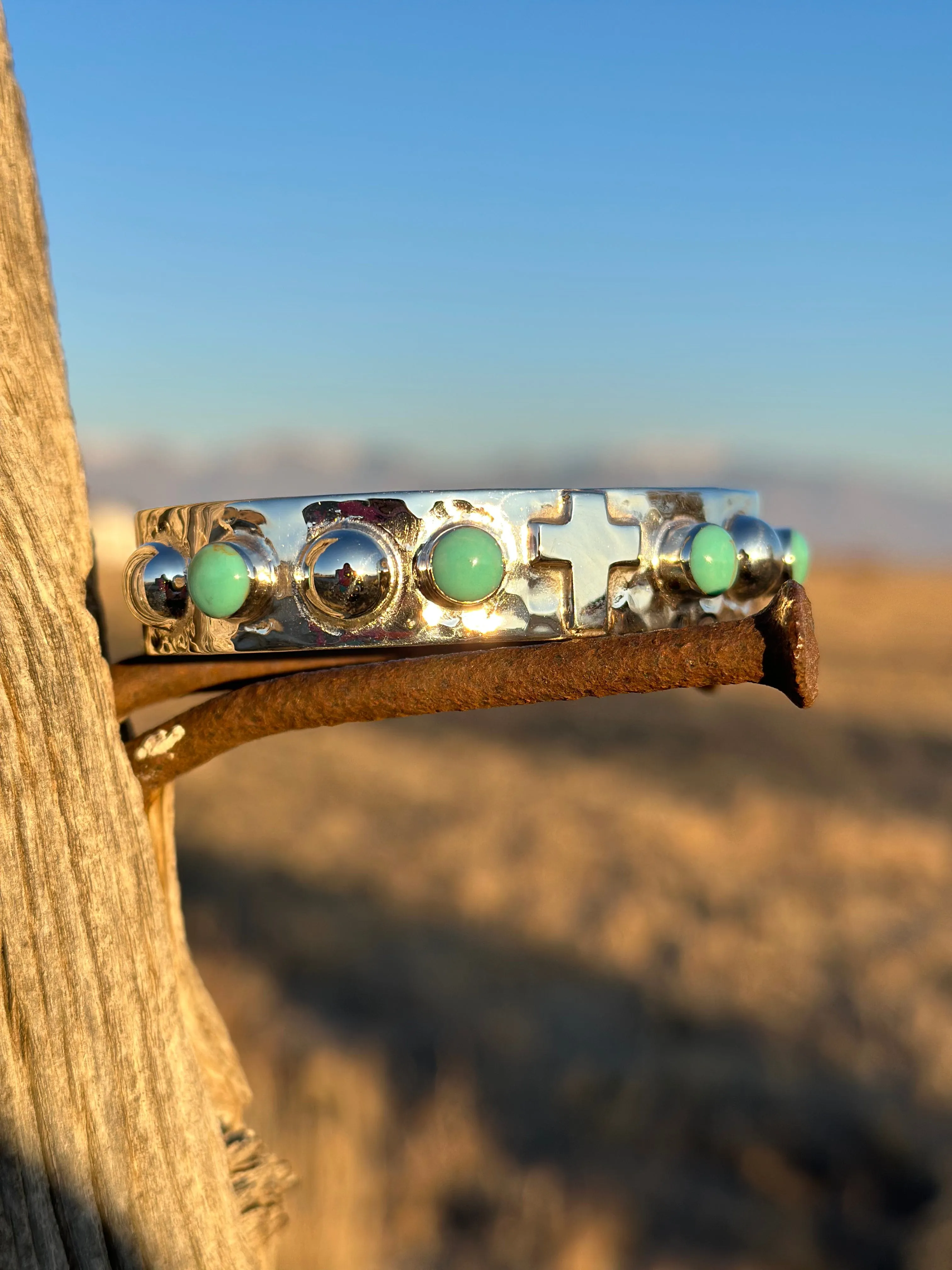 The Hammered Sterling Silver & Turquoise Cross Cuff Bracelet