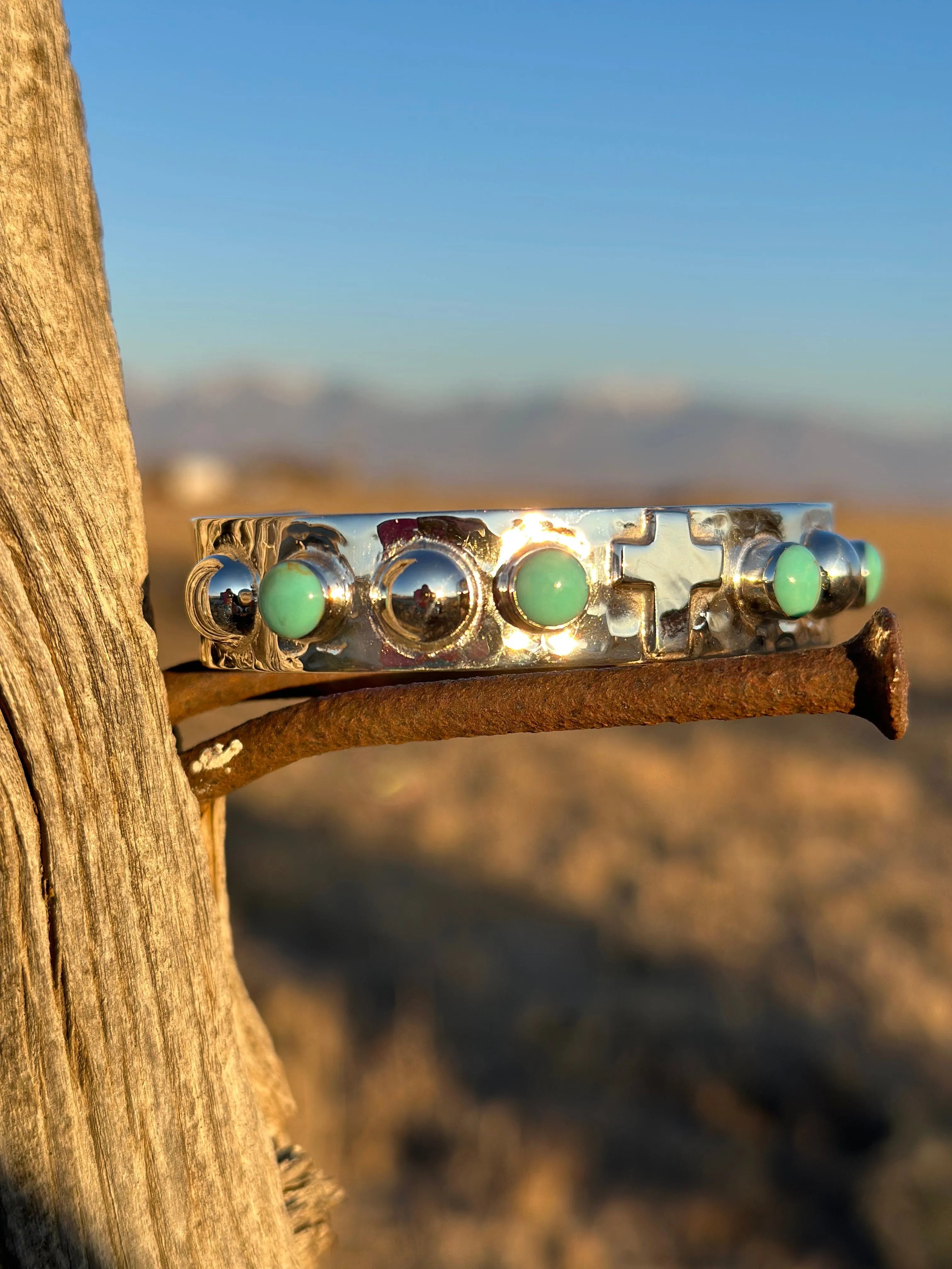 The Hammered Sterling Silver & Turquoise Cross Cuff Bracelet